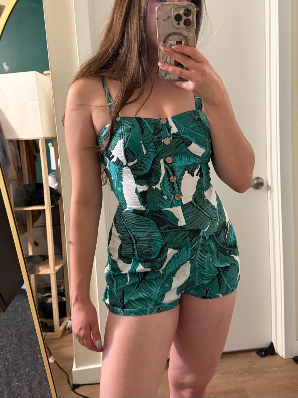 Nasty Gal Green & White Tropical Button-Front Romper